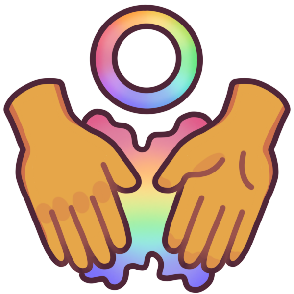 two hands held near each other, connected by a rainbow blob, with a rainbow disk above them.